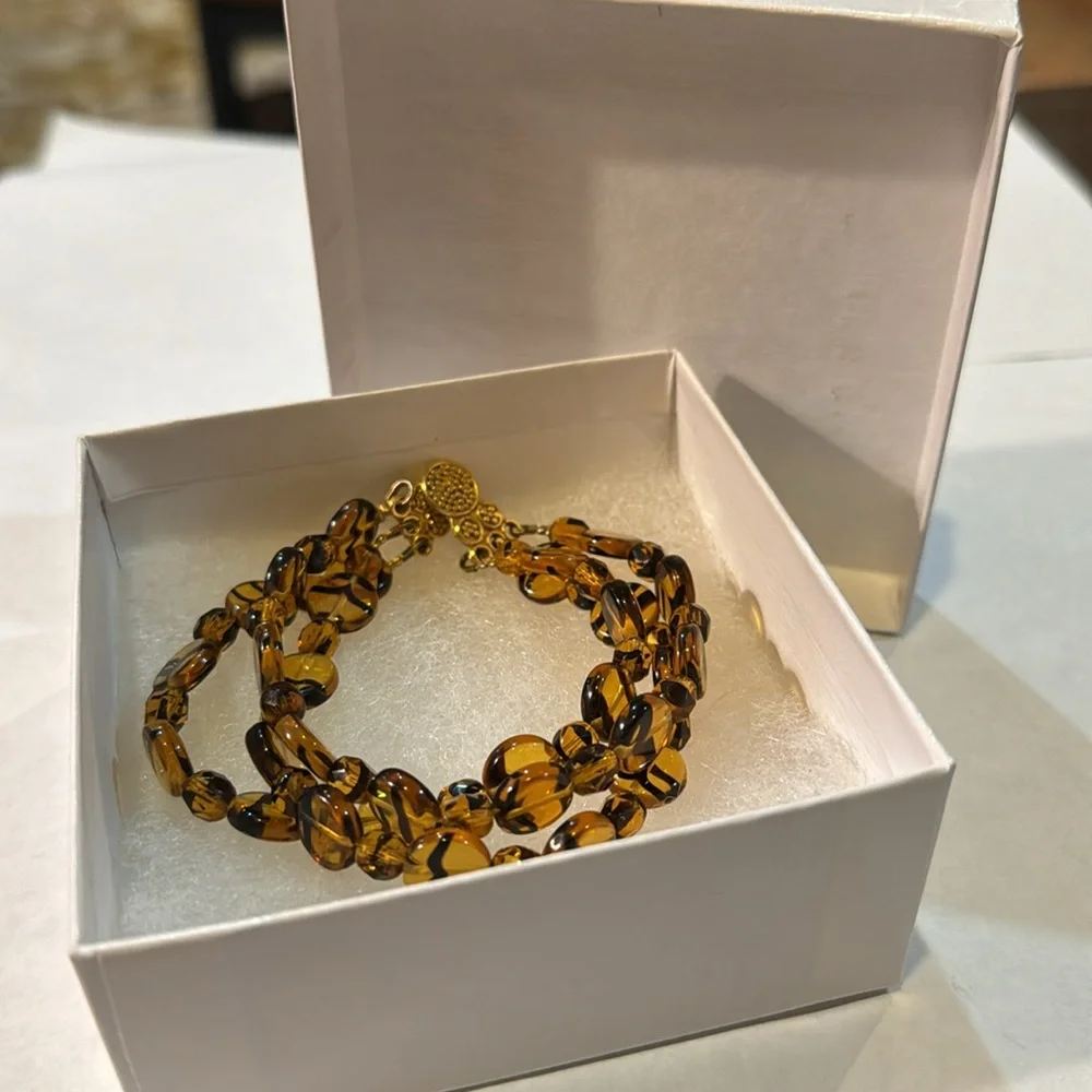 TRIPLE STRAND TIGERS EYE GLASS BEADS‎ BRACELET